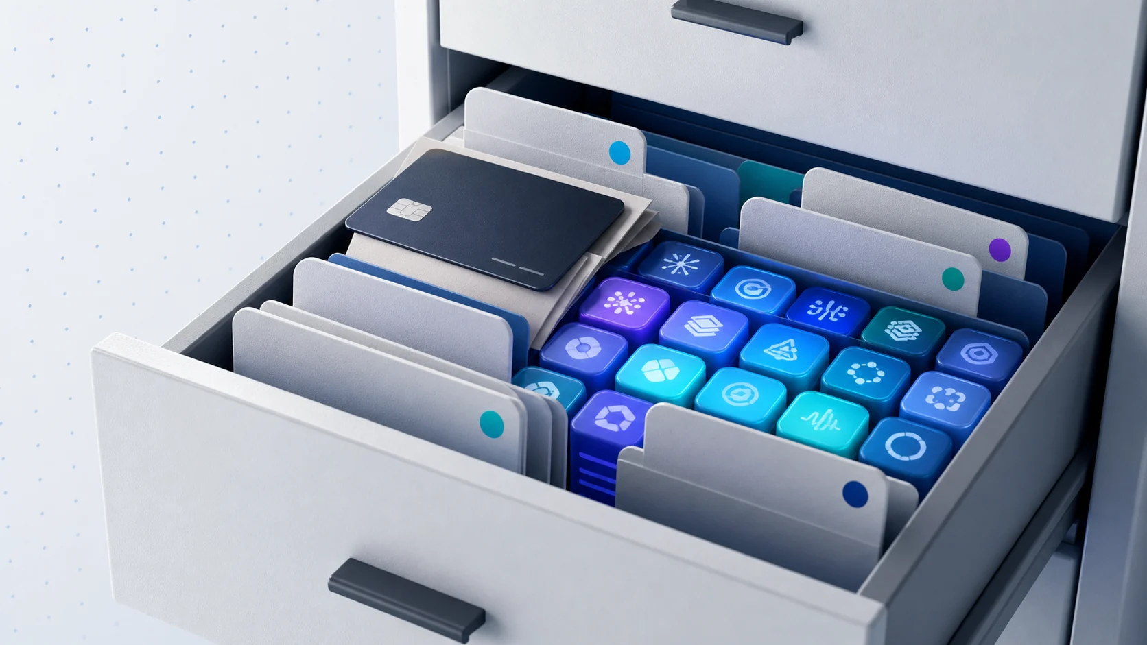 A filing drawer revealing many hidden AI tools behind departmental spending