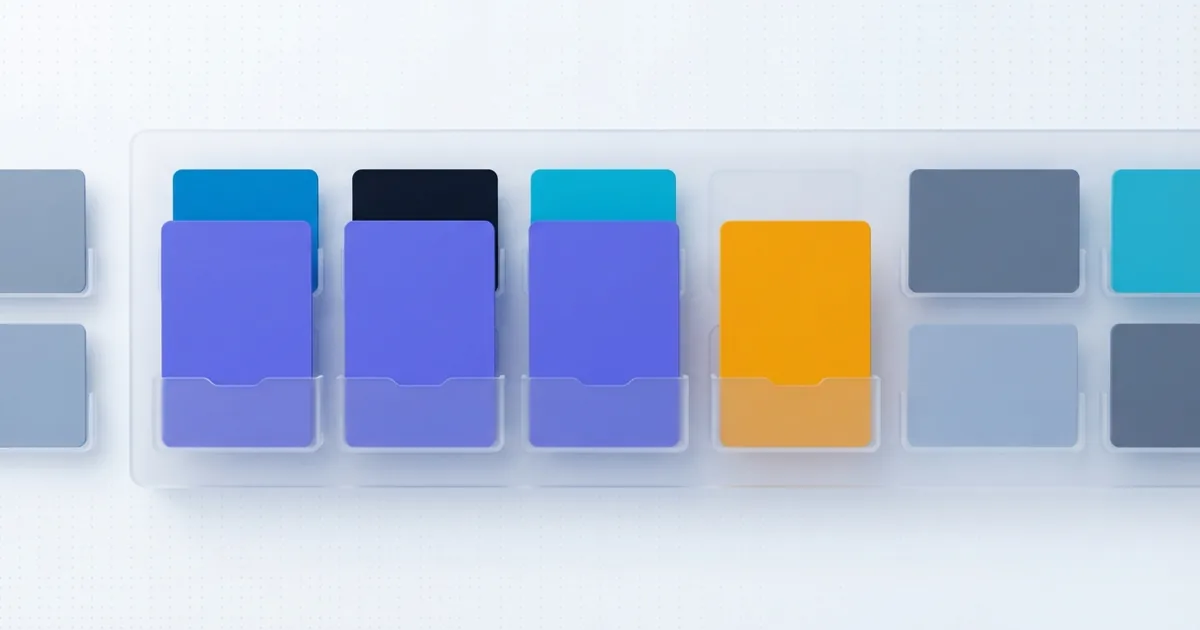 A macro view into a frosted translucent slot organizer panel, three indigo slots filled with renewal dates and one amber slot offset for a price-rise risk on a pale dot-grid canvas