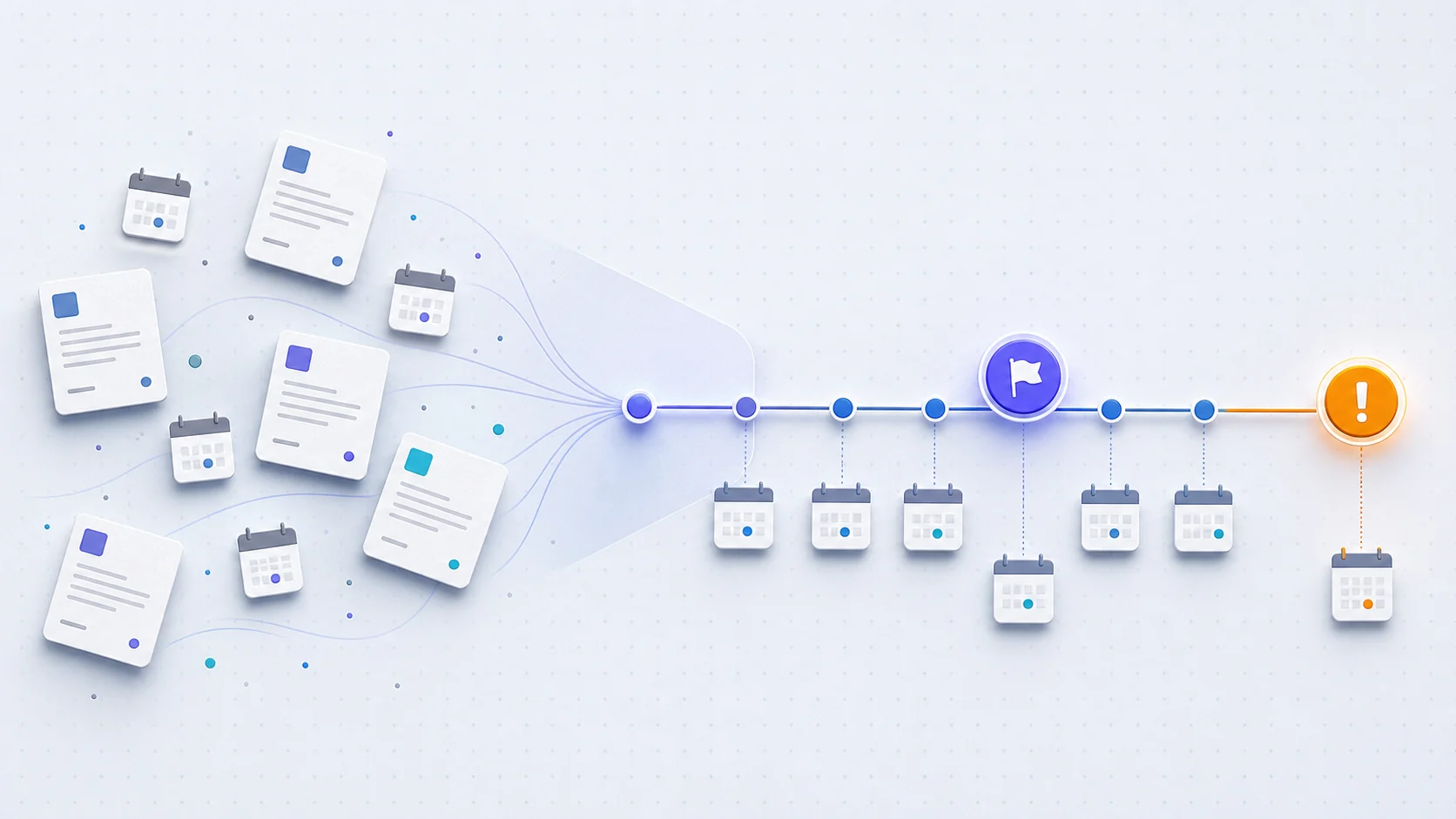 Scattered contract and calendar cards converging into an organized renewal timeline