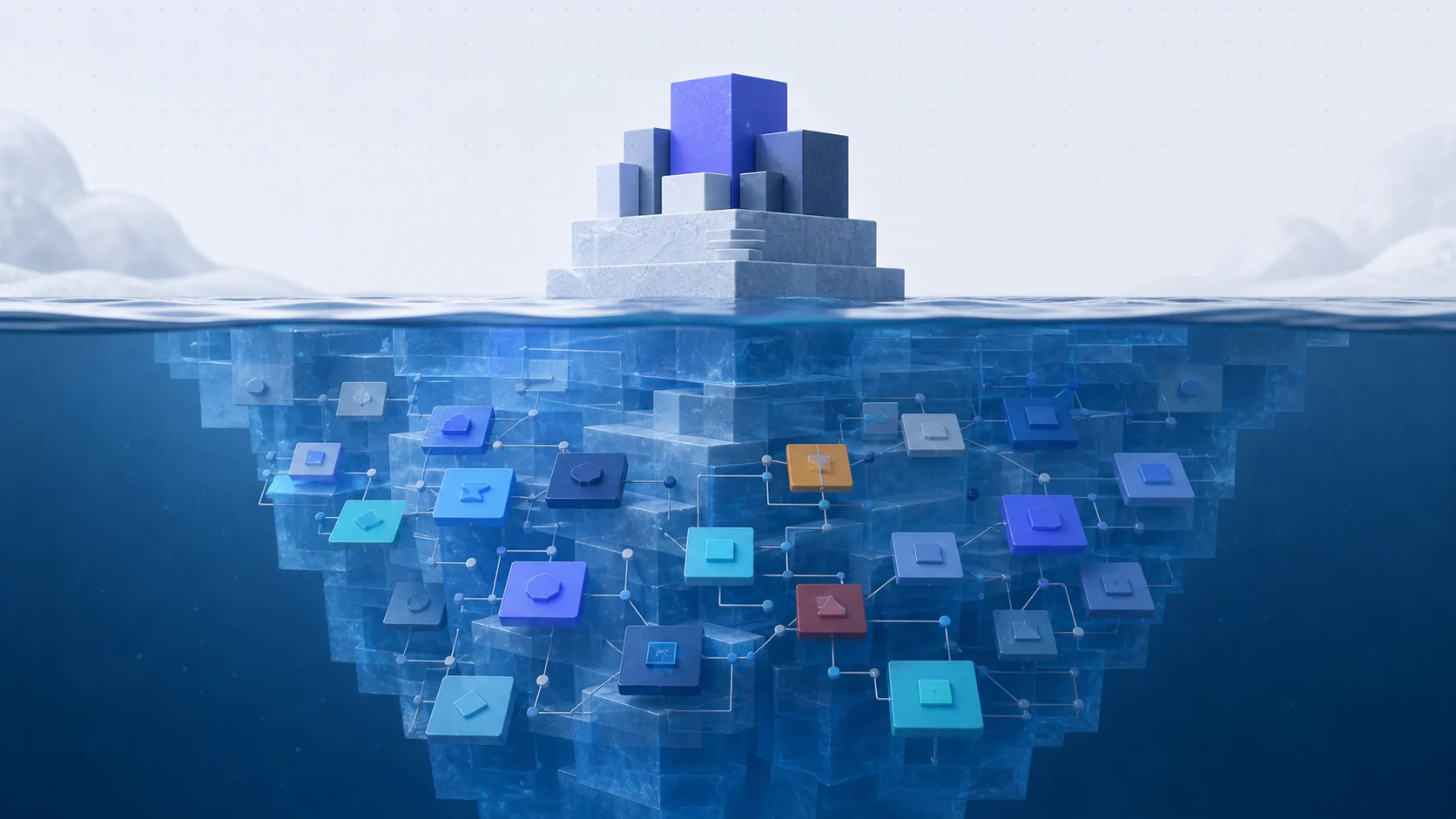 A small visible IT stack above a vast submerged network of departmental software