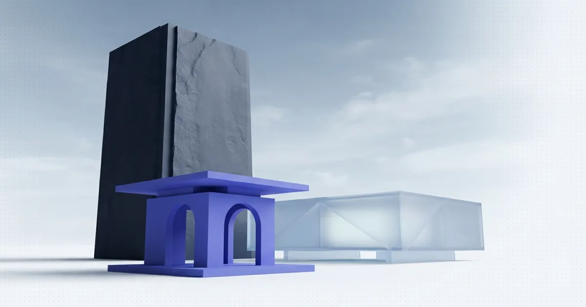 Three structures at different scales: a towering slate monolith, a frosted platform, and a small indigo pavilion